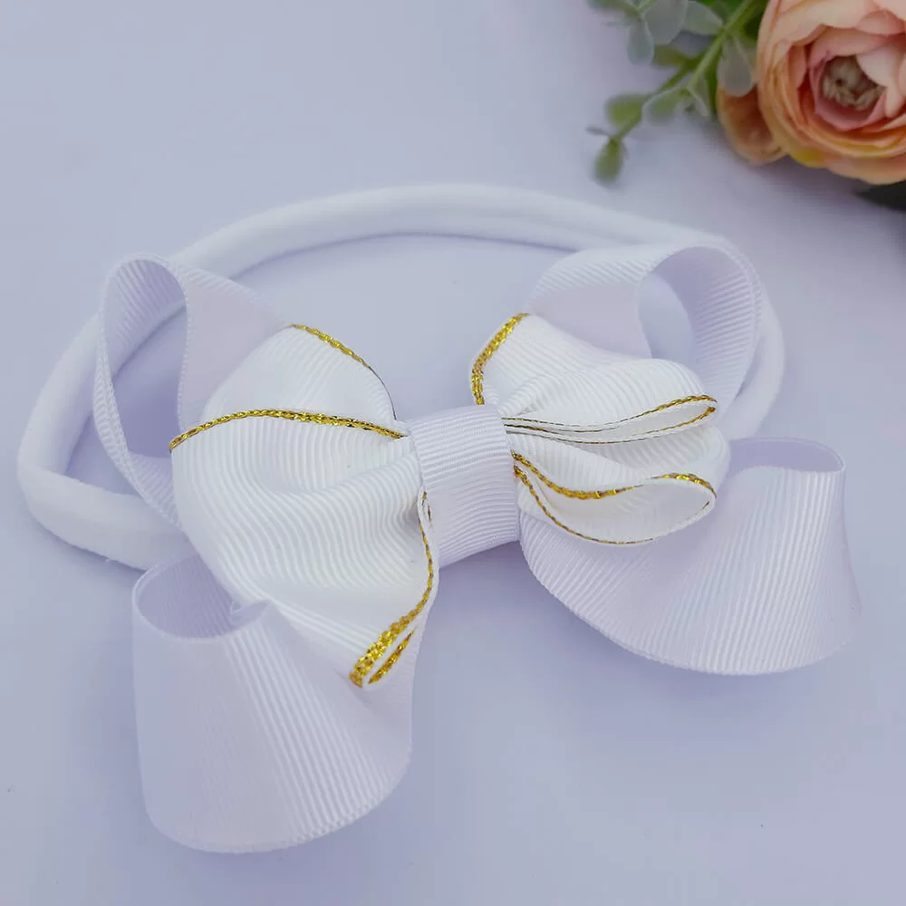 Faixa Batizado Bebê Laço Duplo Detalhe Dourado