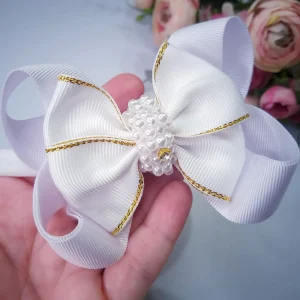 Faixa para Batizado Bebê Laço Duplo Detalhe Dourado Bordado