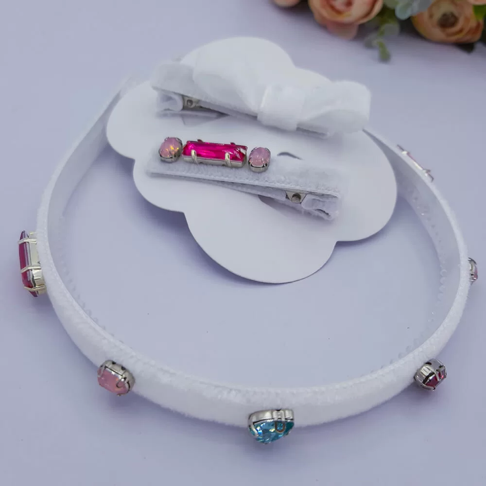 Conjunto Tiaras em Veludo com Pedrarias e Hair Clips Par - Image 7