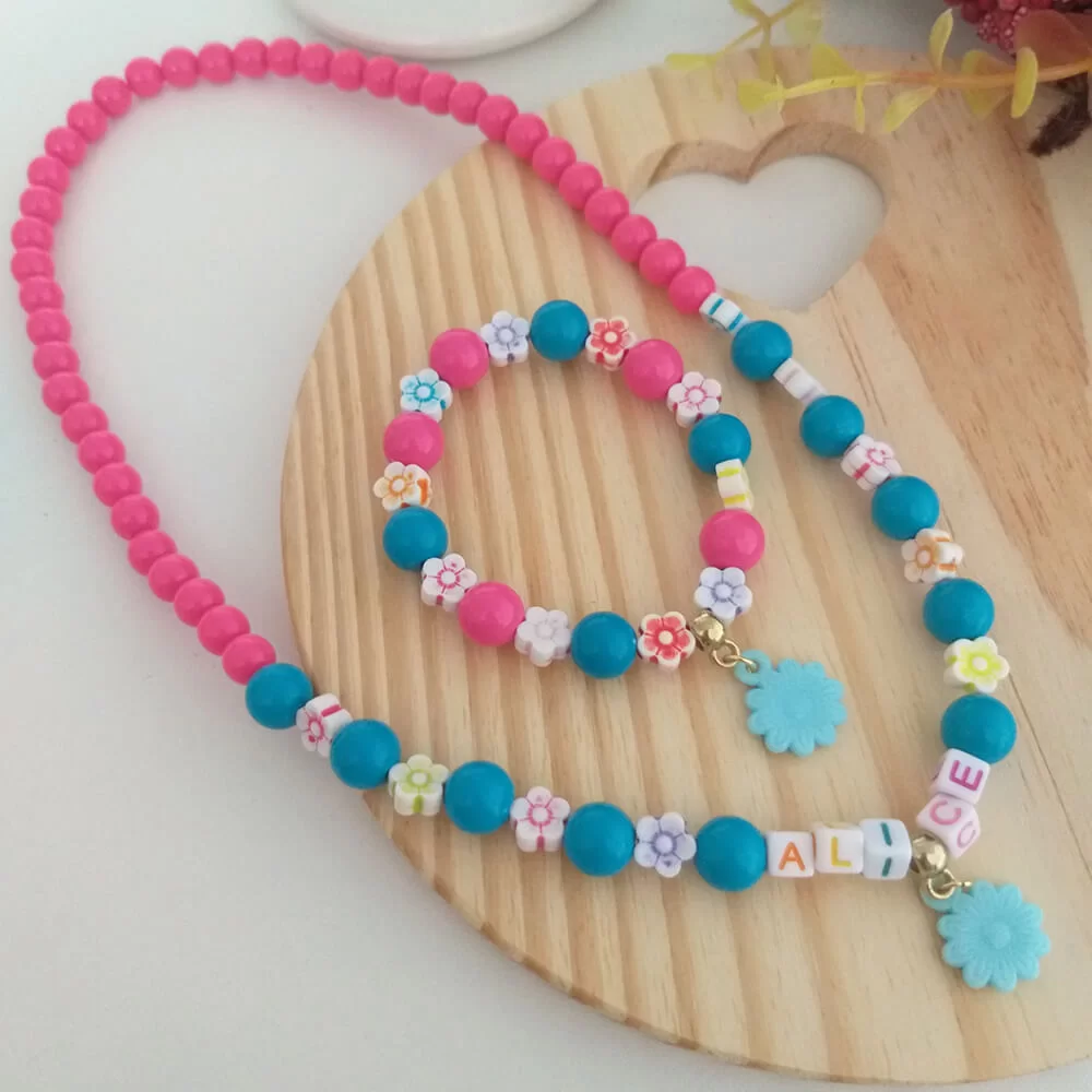 Kit Pulseira + Colar Nome Personalizado Flor Infantil