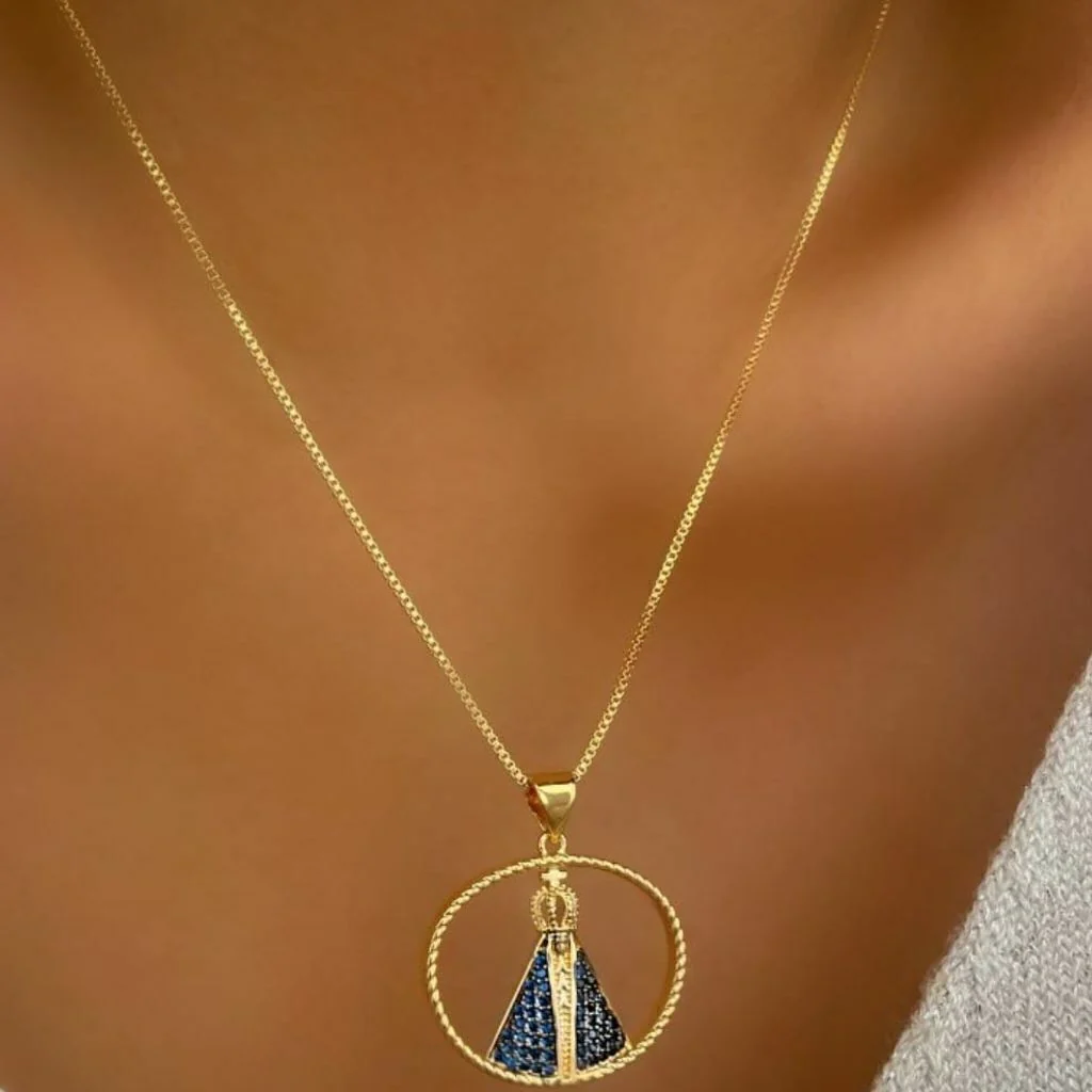 Corrente Semi Jóia Ouro 18k Nossa Senhora Manto Azul - Image 2