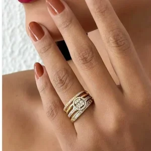 Anel Triplo Detalhes Cravejados Semi Jóia Ouro