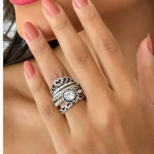 Kit Anel Folheado a Prata Coração Vazado Com Cristal