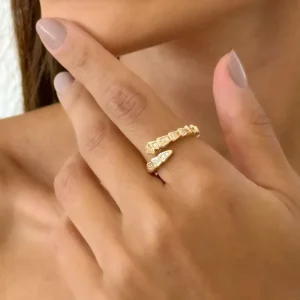 Anel Folheado a Ouro 18k e Prata Design Serpente Com Zircônia