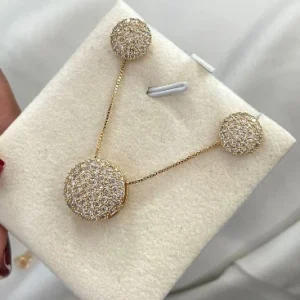 Conjunto Pizza Colar e Brinco Zirconia Cravejado Banh. Ouro