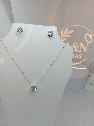 Conjunto Colar e Brinco Ponto de Luz Prata 925 Redondo 8mm Médio