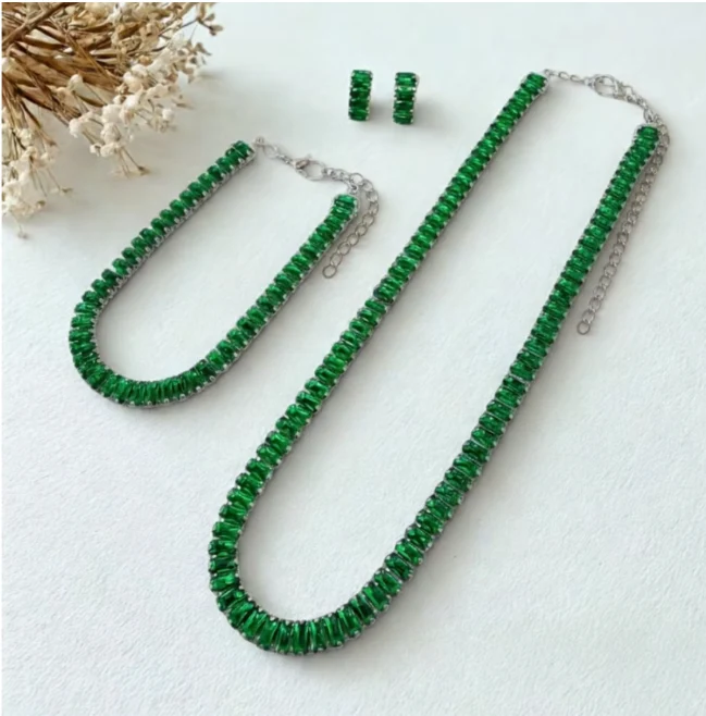 Conjunto Colar, Pulseira Brinco Riviera Zircônias Verde Banhado a Prata - Image 2