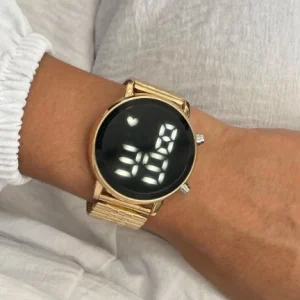 Relógio elástico digital dourado e prata a prova d’água