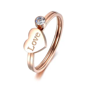 Anel de Noivado (Conjunto de Dois Anéis) com Coração Love (Amor) e Pedra única - em Aço - REF7018