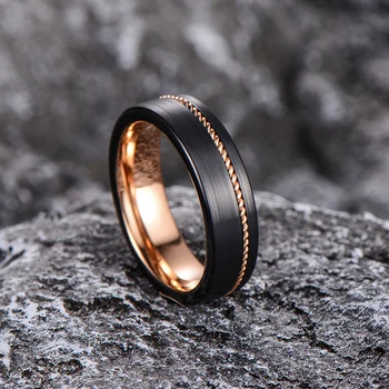 Aliança em Tungsténio Preta, com 6mm de Largura, com Fio Entrelaçado Dourado Rosa - REF9026 - Image 3