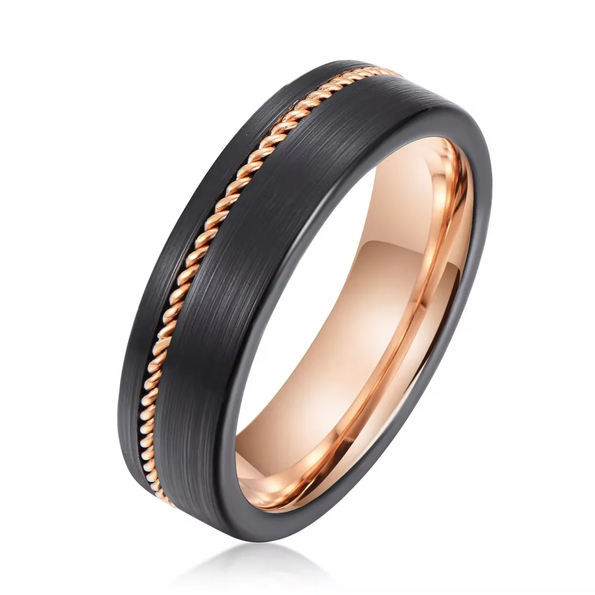 Aliança em Tungsténio Preta, com 6mm de Largura, com Fio Entrelaçado Dourado Rosa - REF9026 - Image 2