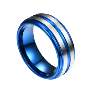 Aliança em Tungsténio Azul, 8mm, Faixas Prateadas Escovadas, com Bordas e Interior Azuis Polidos - REF9034