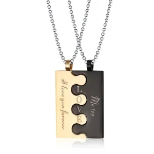 2 Colares para Namorados ou Casais - Puzzle Duas Cores com Mensagem - em Aço - REF1088