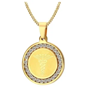 Colar Medalha Bastão de Asclépio com Brilhantes Circundantes em Aço - REF1545