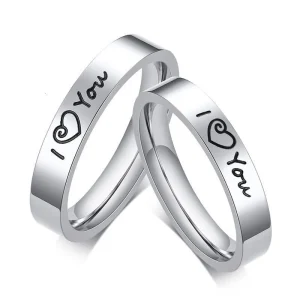 Aliança Prateada I Love You com Coração (4mm) em Aço - Alianças de Namoro ou Compromisso (para Namorados) - REF1610