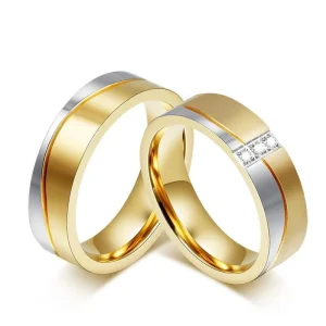 Aliança Dourada com Banda Cruzada em Prateado e Dourado 6mm em Aço - REF00078