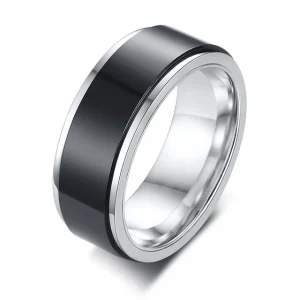 Aliança com 8mm Prateada com Banda Preta Rotativa Anti-Stress - REF1843