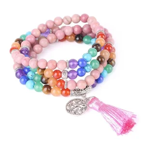 Japamala Rodonite - Símbolo do Equilíbrio Emocional - com Tassel e Pendente Árvore da Vida - REF1044